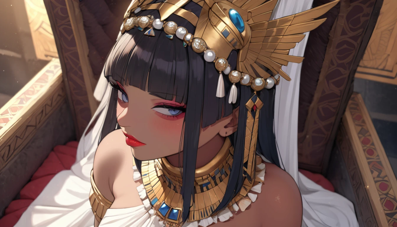 ((Highest quality)), ((masterpiece)), (Detailed face and eyes), Perfect Face, Accurate, Textured skin, Attention to detail, High resolution, Cleopatra, Queens of Ancient Egypt, Wearing a silk dress, Jewel crown, lipstick, Cowboy Shot, Sunburned skin, Brown Skin, Throne, From above