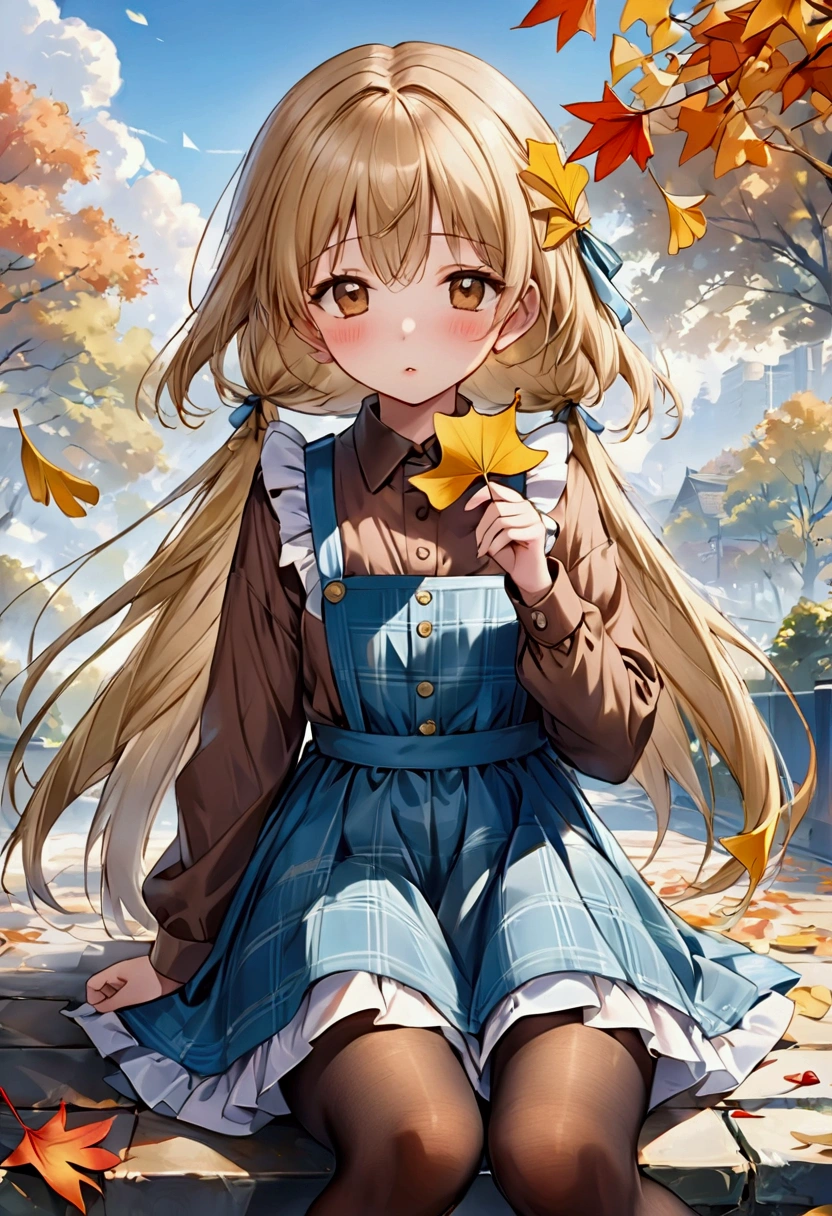 masterpiece,best quality,high quality,(colorful),[Artist miwano rag],[Artist toosaka asagi],[Artist wlop],[Artist chen bin],loli,1girl, solo, autumn leaves, long hair, outdoors, leaf, autumn, blonde hair, sitting, holding leaf, holding, looking at viewer, hair ornament, tree, long sleeves, bangs, x hair ornament, dress, pantyhose, day, plaid, shirt, parted lips, ginkgo leaf, blush, brown eyes, boots, very long hair, falling leaves, maple leaf, blue dress, between legs, brown pantyhose, hairclip, pinafore dress, brown shirt, hand between legs, sky, feet out of frame, brown footwear, floating hair