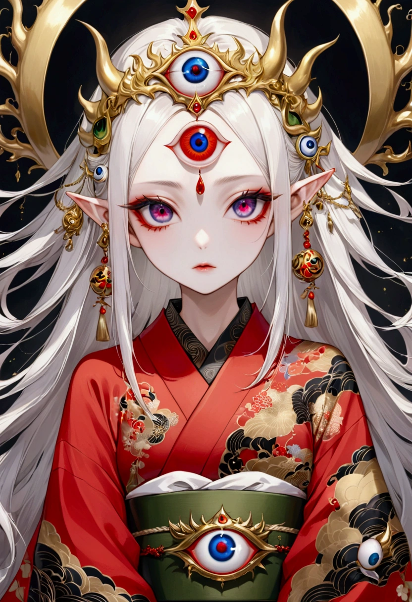 (((third eye on the forehead:1.1)))，Strange girl，独奏，Long white hair，Japanese style，demon，Elf，Japanese red kimono with dark patterns，Greenbelt，Eyeball Golden Crown
