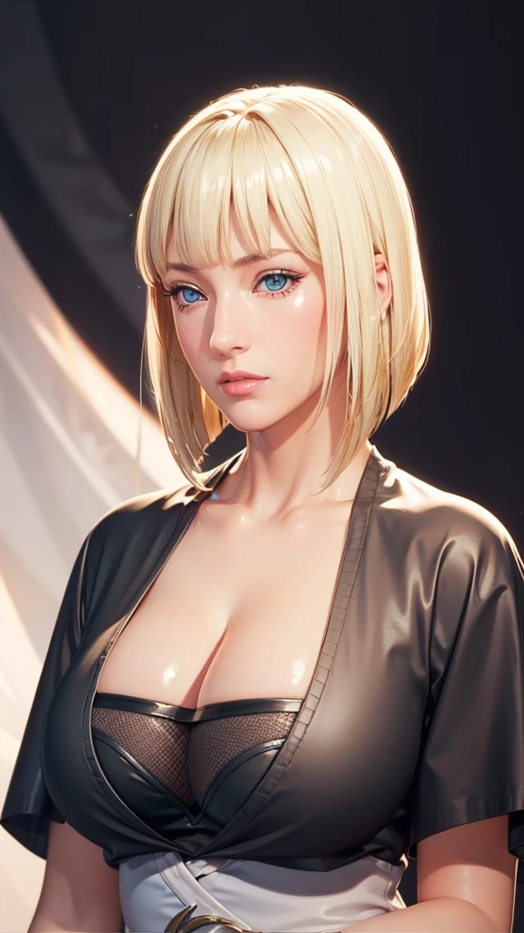 (（（Perfect body,White and tender skin,（（（BLACK KIMONO, CLEAVAGE, VAMBRACES,）））,（（（Samui, blue eyes, blonde hair, short hair, bangs, blunt bangs,）））,((masterpiece)),high resolution, ((Best quality at best)),masterpiece,quality,Best quality,（（（ Exquisite facial features,Looking at the audience,There is light in the eyes,blush,Happy,lol）））,Look up at the sky，Raise a hand）））,（（（Light and shadow,Huge breasts）））,（（（Looking at the camera,black background,)））),