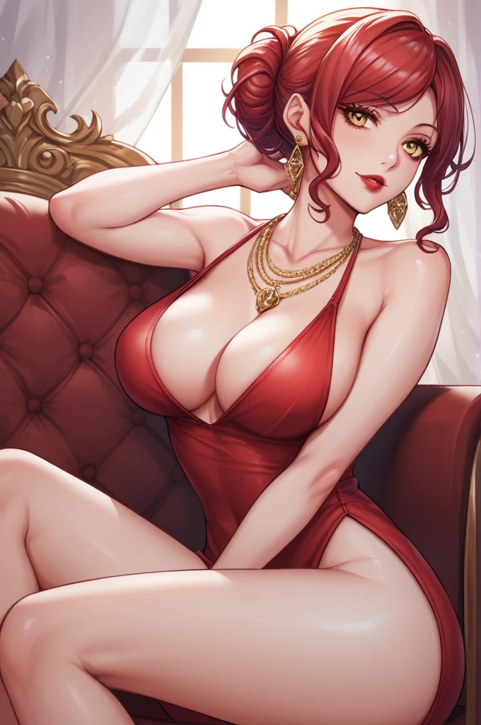 score_9, score_8_up, score_7_up, score_6_up, score_5_up, score_4_up, yu hee, gold eyes, red curly hair, large breasts, hanfu, bare shoulders, necklace,drop dangle earrings,long earrings,red lipstick , detailed eyes ,bare legs,hair bun, 