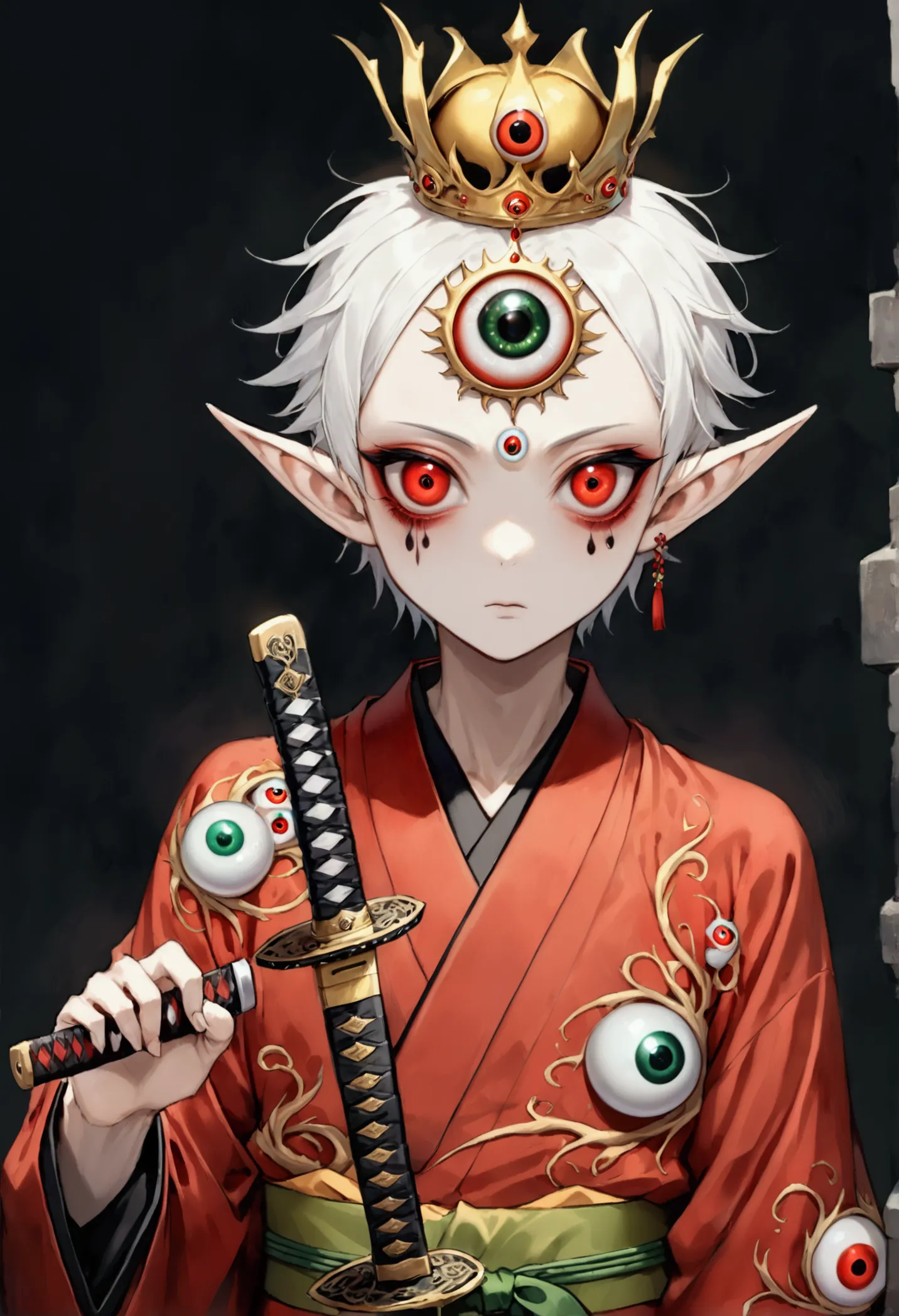 japanese anime，second dimension，horror style，horror character，(((three-eyed boy，third eye on the forehead:1.1.dark eyeshadow，whi...