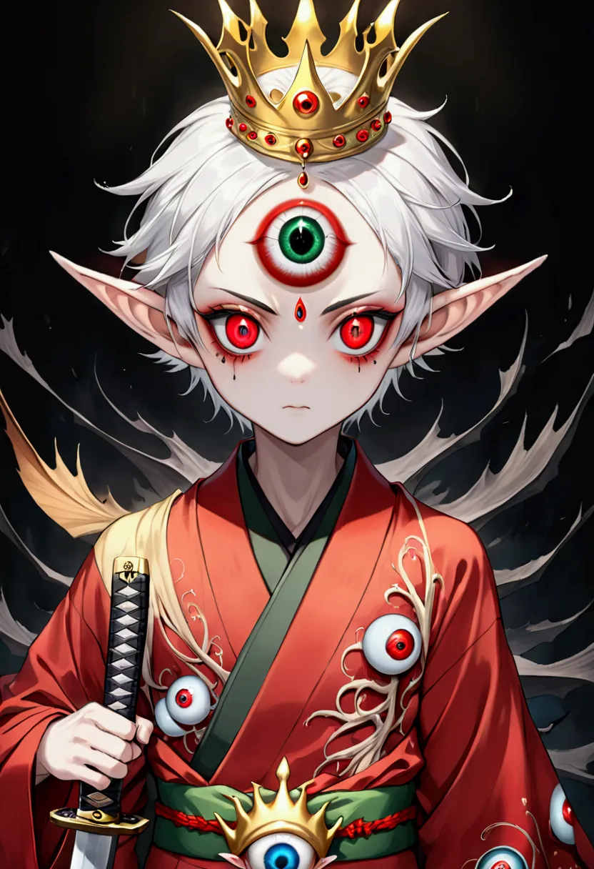 japanese anime，second dimension，horror style，horror character，(((three-eyed boy，third eye on the forehead:1.1.dark eyeshadow，whi...