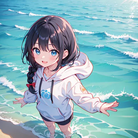 Black Hair Girl,Braid,Look up at the sky,building,whole,Looking down from above,hoodie,柔和なsmile,stare,delicate design, かわいいwater...