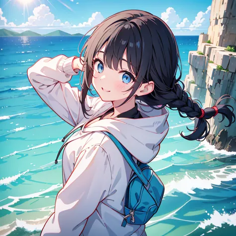 black hair girl,braid,look up at the sky,building,whole,looking down from above,hoodie,柔和なsmile,stare,delicate design, かわいいwater...