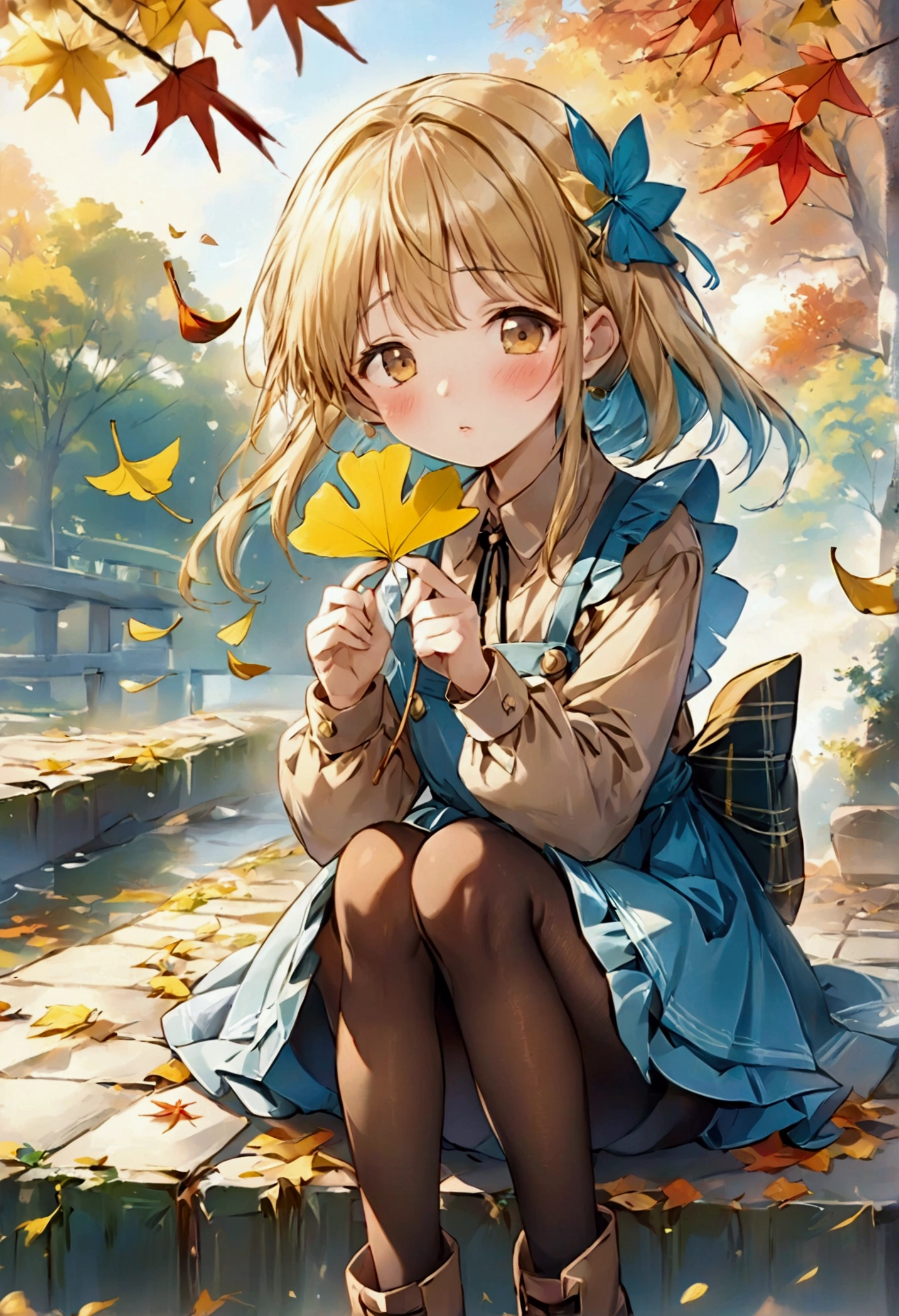 masterpiece,best quality,high quality,(colorful),[Artist miwano rag],[Artist toosaka asagi],[Artist wlop],[Artist chen bin],loli,1girl, solo, autumn leaves, long hair, outdoors, leaf, autumn, blonde hair, sitting, holding leaf, holding, looking at viewer, hair ornament, tree, long sleeves, bangs, x hair ornament, dress, pantyhose, day, plaid, shirt, parted lips, ginkgo leaf, blush, brown eyes, boots, very long hair, falling leaves, maple leaf, blue dress, between legs, brown pantyhose, hairclip, pinafore dress, brown shirt, hand between legs, sky, feet out of frame, brown footwear, floating hair