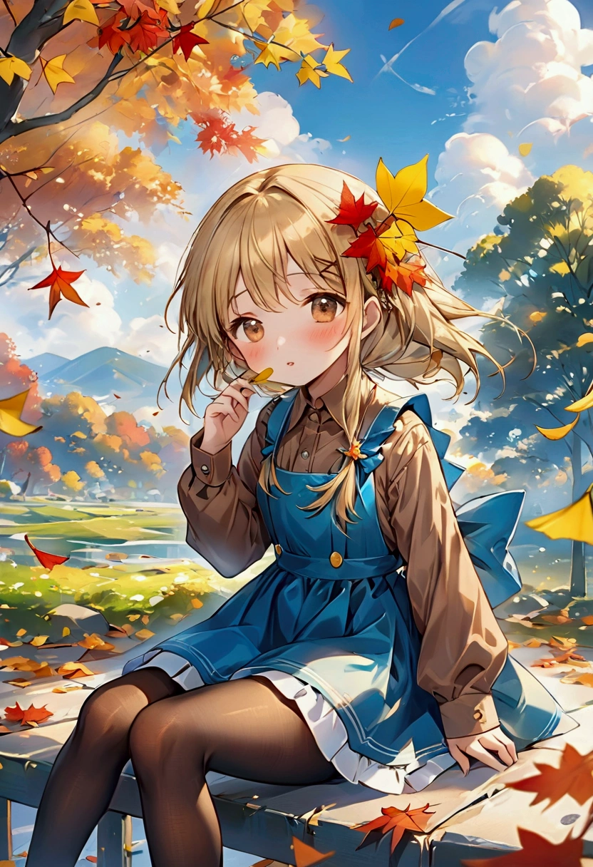 masterpiece,best quality,high quality,(colorful),[Artist miwano rag],[Artist toosaka asagi],[Artist wlop],[Artist chen bin],loli,1girl, solo, autumn leaves, long hair, outdoors, leaf, autumn, blonde hair, sitting, holding leaf, holding, looking at viewer, hair ornament, tree, long sleeves, bangs, x hair ornament, dress, pantyhose, day, plaid, shirt, parted lips, ginkgo leaf, blush, brown eyes, boots, very long hair, falling leaves, maple leaf, blue dress, between legs, brown pantyhose, hairclip, pinafore dress, brown shirt, hand between legs, sky, feet out of frame, brown footwear, floating hair