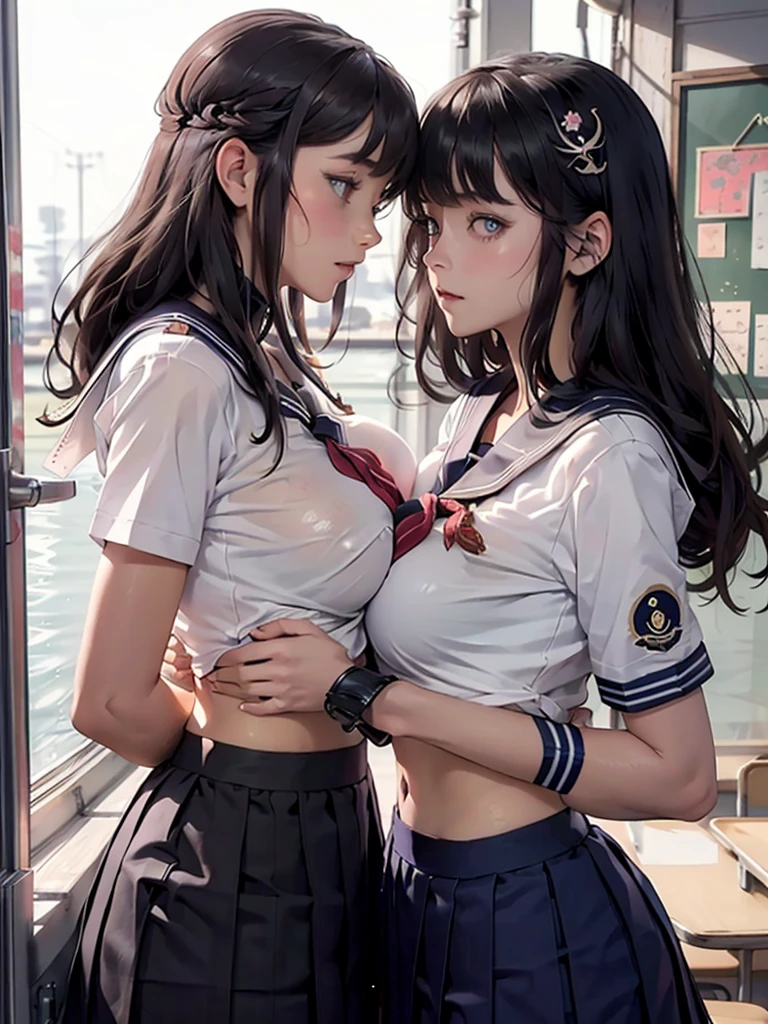 Super beautiful illustrations,masterpiece,best quality,Extremely detailed,2 girls,Yuri,Look at each other,eye contact,(Transparent sailor school uniform:1.4),Short sleeve,(Cover the nipples:1.1),Breast compression,Large Breasts,Medium Length Hair,blush,Shy,（Super beautiful and delicate big eyes：1.3）,(Beautiful grey eyes), (Looking at the camera :1.2)