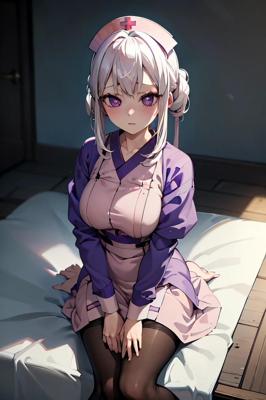 (Highest quality:1.1), (masterpiece:1.4), (Absurd:1.0), Portrait, Close-up,
One Girl、Amane Sanyashiki、White Hair、Purple eyeedium chest、((Nurse uniform))、Looking at the audience、Bedroom、(blush:1.2)、Embarrassed expression、((pantyhose))、