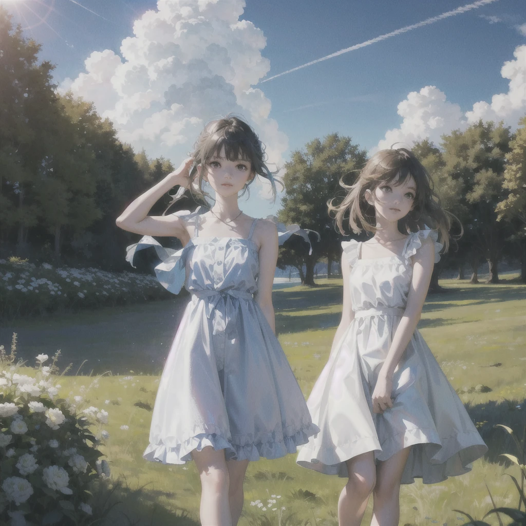 meadow, blue sky, white cumulonimbus, contrails, shining sun, meadow grass swaying in the wind, photo quality, live action, reality, transparency, realistic depiction, 8K quality, UHD, DSLR, high quality, film grain, fujifilm XT3, girl in white camisole dress, standing figure, barefoot, hair swaying in the wind, hair up to shoulders, big, big eyes,