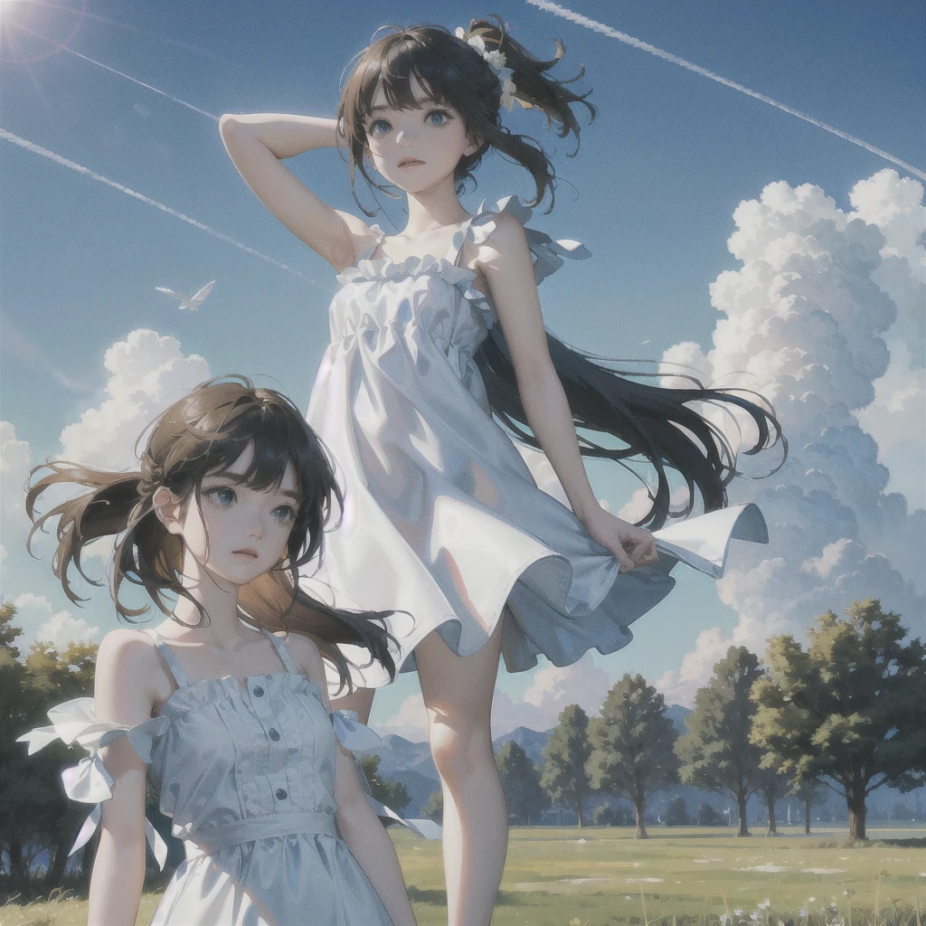 meadow, blue sky, white cumulonimbus, contrails, shining sun, meadow grass swaying in the wind, photo quality, live action, reality, transparency, realistic depiction, 8K quality, UHD, DSLR, high quality, film grain, fujifilm XT3, girl in white camisole dress, standing figure, barefoot, hair swaying in the wind, hair up to shoulders, big, big eyes,