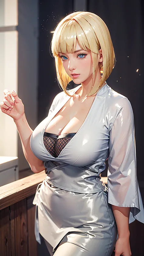 (（（perfect body,white and tender skin,（（（black kimono, cleavage, vambraces,）））,（（（samui, blue eyes, blonde hair, short hair, ban...