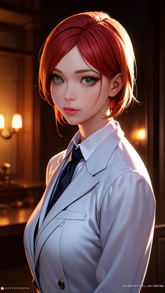 beautiful detailed eyes, beautiful detailed lips, extremely detailed eyes and face, long eyelashes, 1 girl, anime, white skin, glowing green eyes, extremely short glowing orange hair, wearing a suit, full body, happy, (best quality,4k,8k,highres,masterpiece:1.2),ultra-detailed,(realistic,photorealistic,photo-realistic:1.37),fantasy,concept art,vibrant colors,dramatic lighting