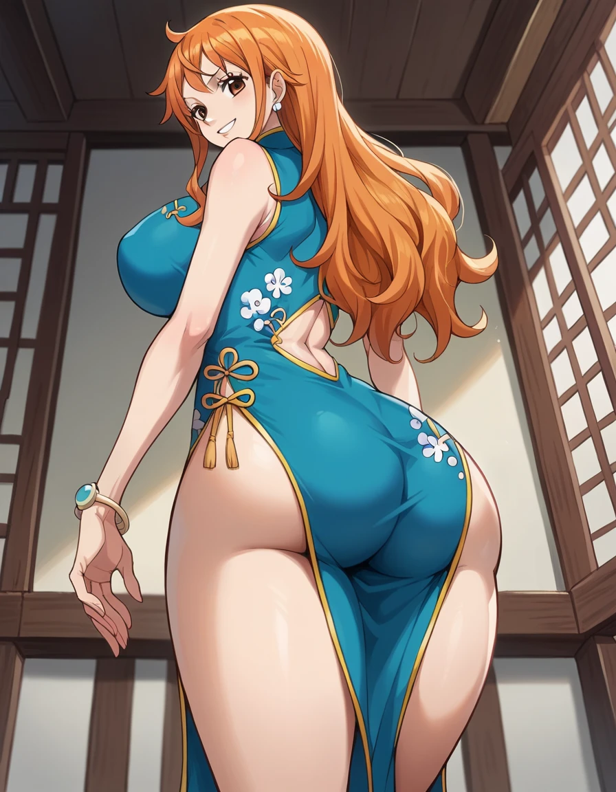 score_9, score_8_up, source_anime, best quality, nami, NAAmi, orange hair, orange eyes, long hair, large breasts, standing, looking at viewer, china dress, blue clothes, smile, indoor, cowboy shot, low angle, from behind, big ass