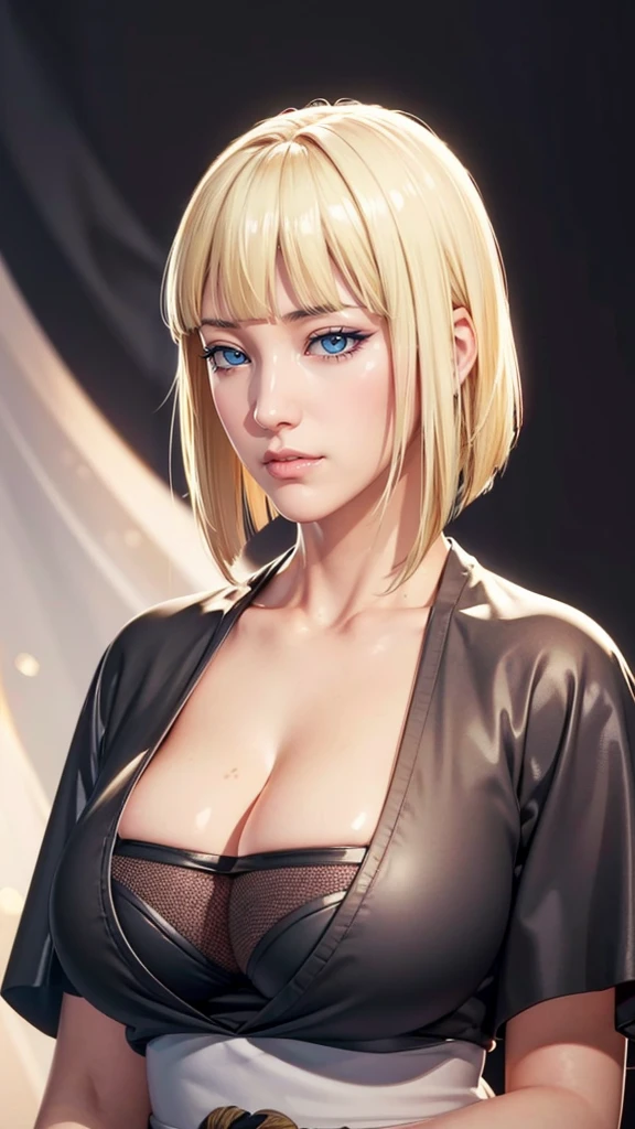 (（（Perfect body,White and tender skin,（（（BLACK KIMONO, CLEAVAGE, VAMBRACES,）））,（（（Samui, blue eyes, blonde hair, short hair, bangs, blunt bangs,）））,((masterpiece)),high resolution, ((Best quality at best)),masterpiece,quality,Best quality,（（（ Exquisite facial features,Looking at the audience,There is light in the eyes,blush,Happy,lol）））,Look up at the sky，Raise a hand）））,（（（Light and shadow,Huge breasts）））,（（（Looking at the camera,black background,)））),