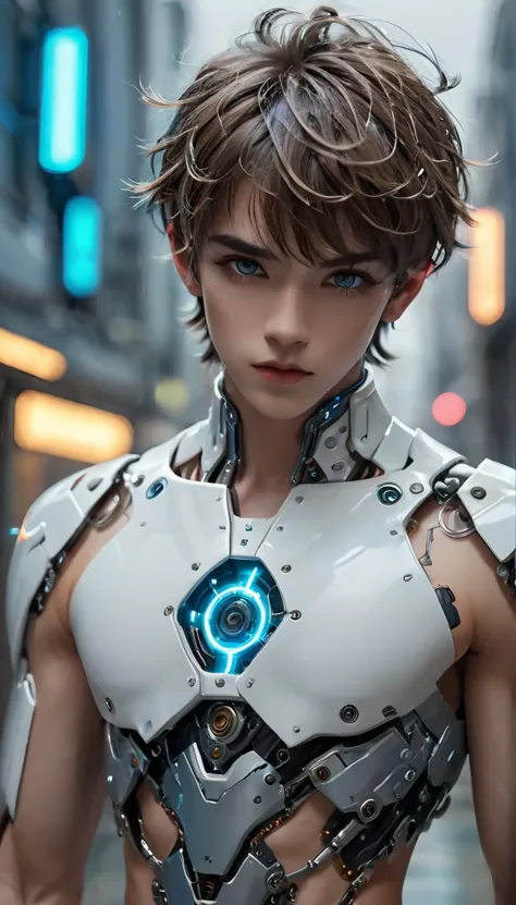 {{master piece}}, best quality, photograph of sexy twink in the process of being turned into a cyborg, on top of a futuristic op...