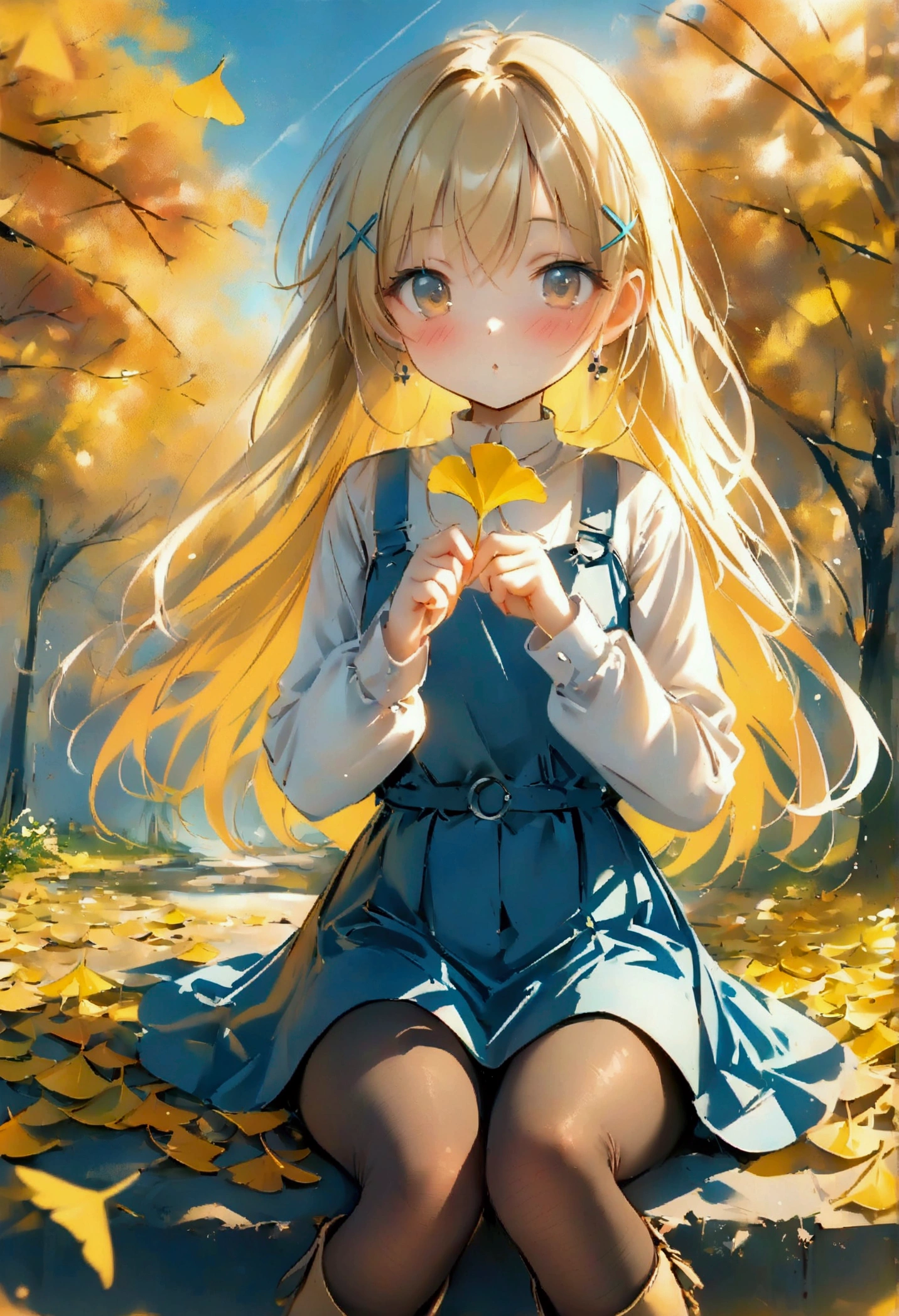 masterpiece,best quality,high quality,(colorful),[Artist miwano rag],[Artist toosaka asagi],[Artist wlop],[Artist chen bin],loli,1girl, solo, autumn leaves, long hair, outdoors, leaf, autumn, blonde hair, sitting, holding leaf, holding, looking at viewer, hair ornament, tree, long sleeves, bangs, x hair ornament, dress, pantyhose, day, plaid, shirt, parted lips, ginkgo leaf, blush, brown eyes, boots, very long hair, falling leaves, maple leaf, blue dress, between legs, brown pantyhose, hairclip, pinafore dress, brown shirt, hand between legs, sky, feet out of frame, brown footwear, floating hair