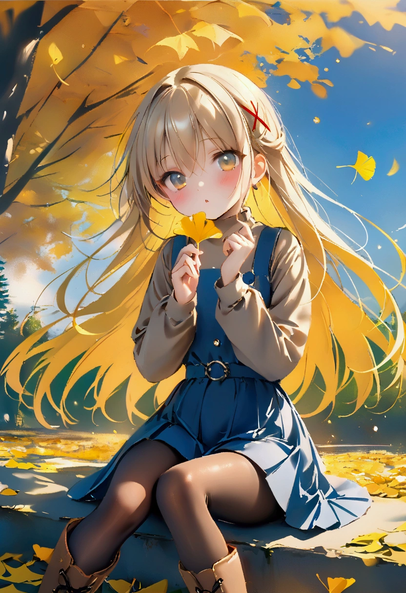 masterpiece,best quality,high quality,(colorful),[Artist miwano rag],[Artist toosaka asagi],[Artist wlop],[Artist chen bin],loli,1girl, solo, autumn leaves, long hair, outdoors, leaf, autumn, blonde hair, sitting, holding leaf, holding, looking at viewer, hair ornament, tree, long sleeves, bangs, x hair ornament, dress, pantyhose, day, plaid, shirt, parted lips, ginkgo leaf, blush, brown eyes, boots, very long hair, falling leaves, maple leaf, blue dress, between legs, brown pantyhose, hairclip, pinafore dress, brown shirt, hand between legs, sky, feet out of frame, brown footwear, floating hair