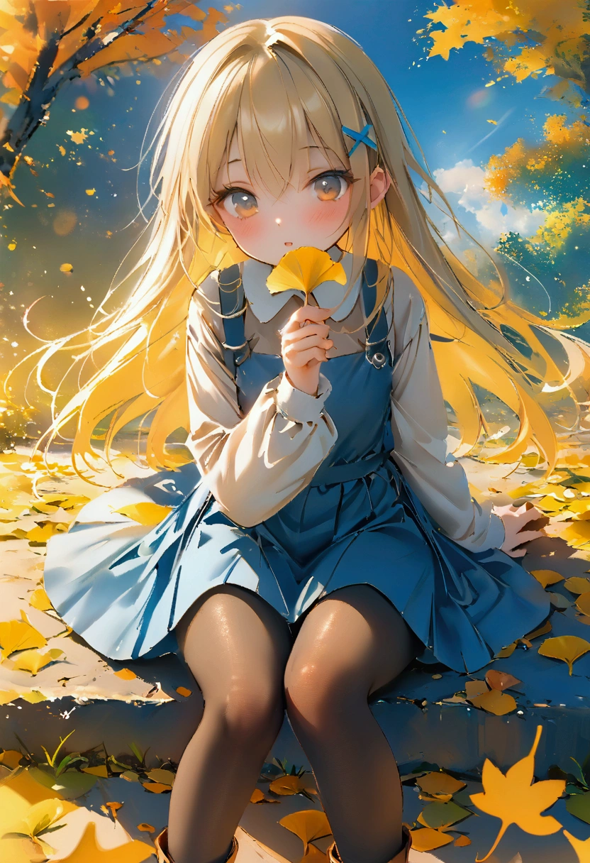 masterpiece,best quality,high quality,(colorful),[Artist miwano rag],[Artist toosaka asagi],[Artist wlop],[Artist chen bin],loli,1girl, solo, autumn leaves, long hair, outdoors, leaf, autumn, blonde hair, sitting, holding leaf, holding, looking at viewer, hair ornament, tree, long sleeves, bangs, x hair ornament, dress, pantyhose, day, plaid, shirt, parted lips, ginkgo leaf, blush, brown eyes, boots, very long hair, falling leaves, maple leaf, blue dress, between legs, brown pantyhose, hairclip, pinafore dress, brown shirt, hand between legs, sky, feet out of frame, brown footwear, floating hair