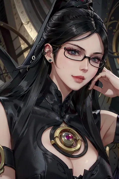 bayo, bayonetta, 1 girl, alone, mole under mouth, glasses, black hair, mole, jewelry, compensate, earrings, smile, eye shadow, p...