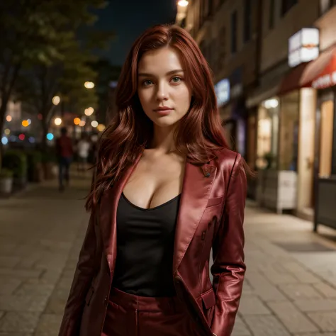 beautiful tall woman with burgundy red hair and sapphire eyes super realistic and well detailed suit outfit, dating night