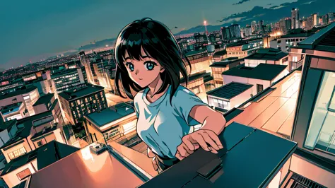 night view like a photo　from the rooftop　young girl　black hair