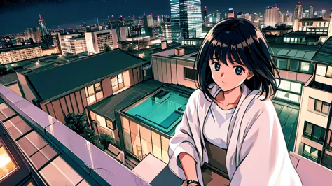 night view like a photo　from the rooftop　young girl　black hair