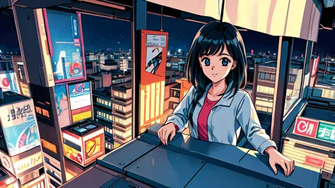 night view like a photo　from the rooftop　young girl　black hair