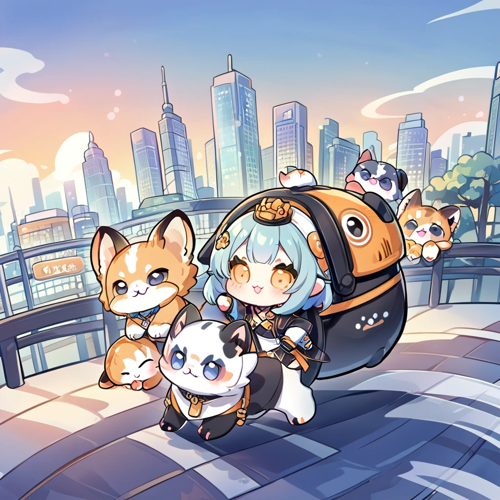 1 chibi character , 1 cute pet , city background 