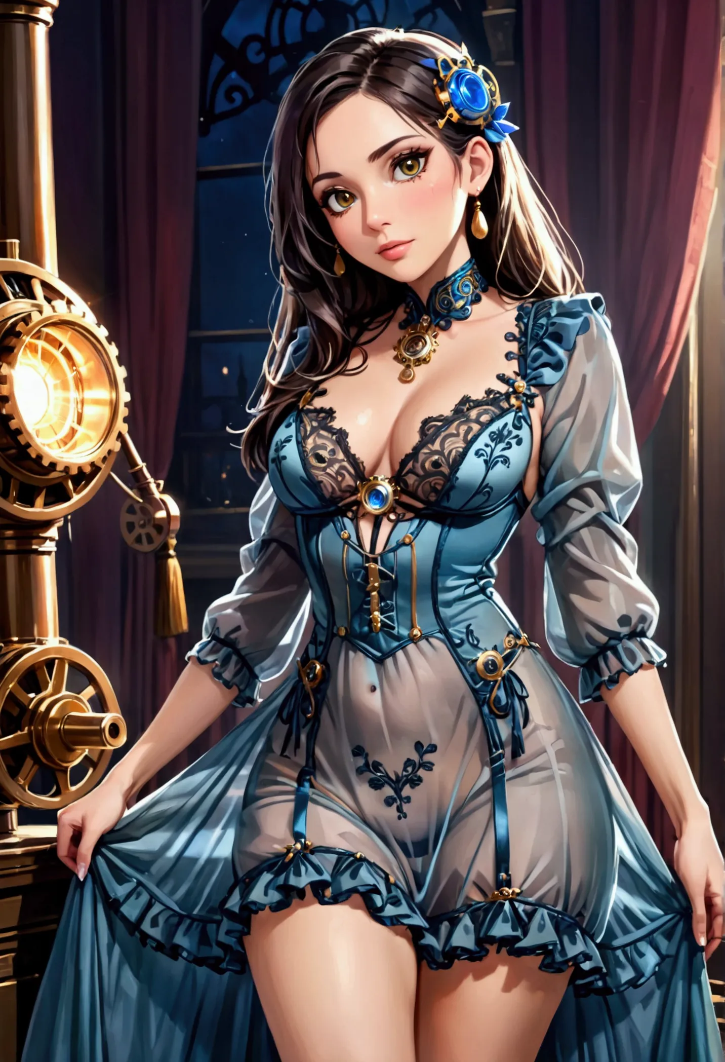 (a sultry steam-powered hostess, Malaysian woman of leisure, tantalizing sheer intricately embroidered night gown, complex gears...