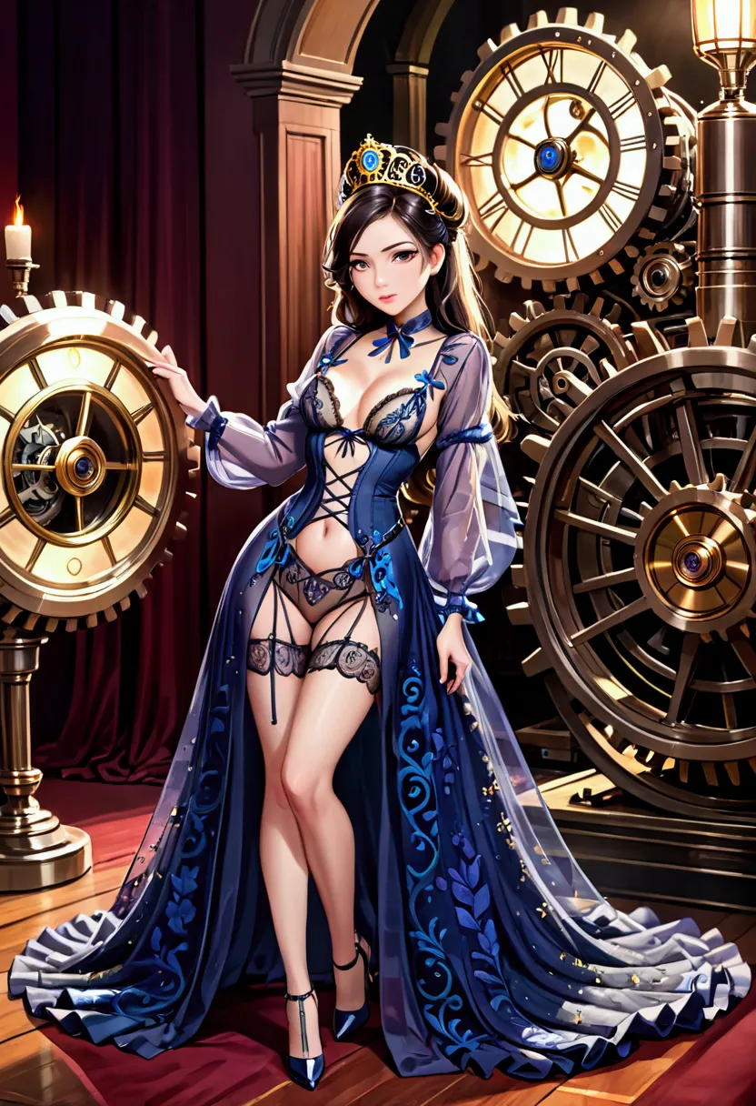 (a sultry steam-powered hostess, Malaysian woman of leisure, tantalizing sheer intricately embroidered night gown, complex gears...