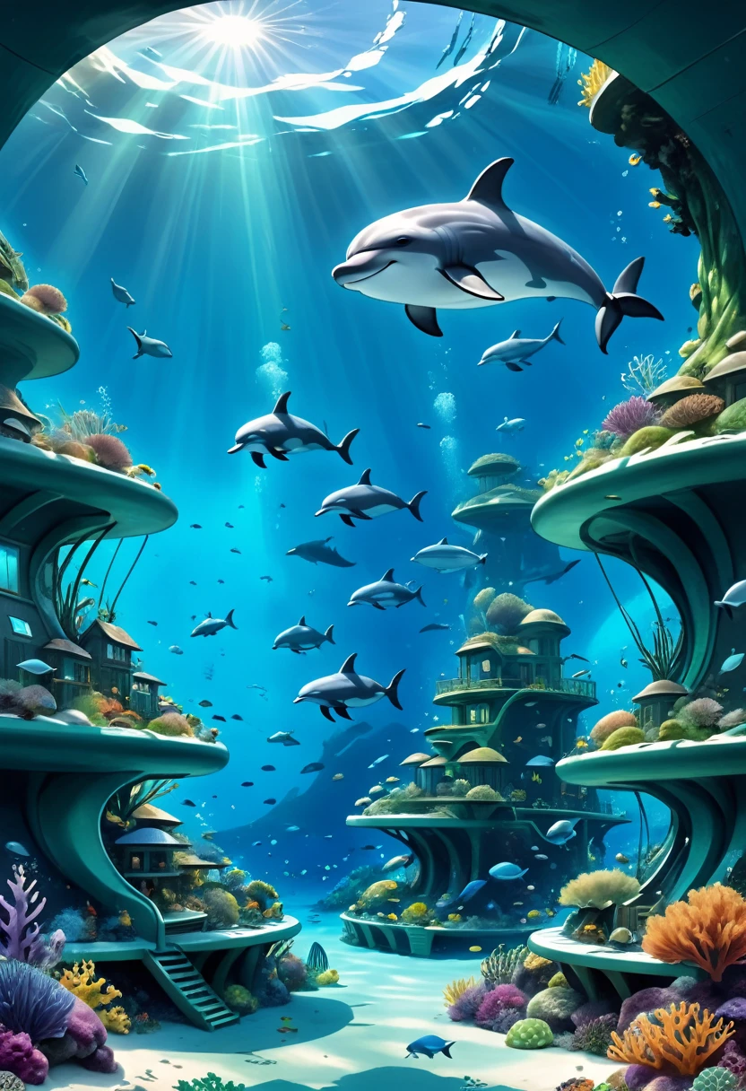 Hyper-realistic digital painting of an eco-friendly underwater community designed to coexist harmoniously with marine life. The buildings are made of sustainable materials and are covered in living walls of seaweed and algae. Transparent domes protect communal gardens and recreational areas. Marine biologists and ocean conservationists go about their daily activities, surrounded by a thriving ecosystem of fish, dolphins, and whales. The scene highlights a perfect balance between human habitation and nature. Cinematic composition, trending on ArtStation.