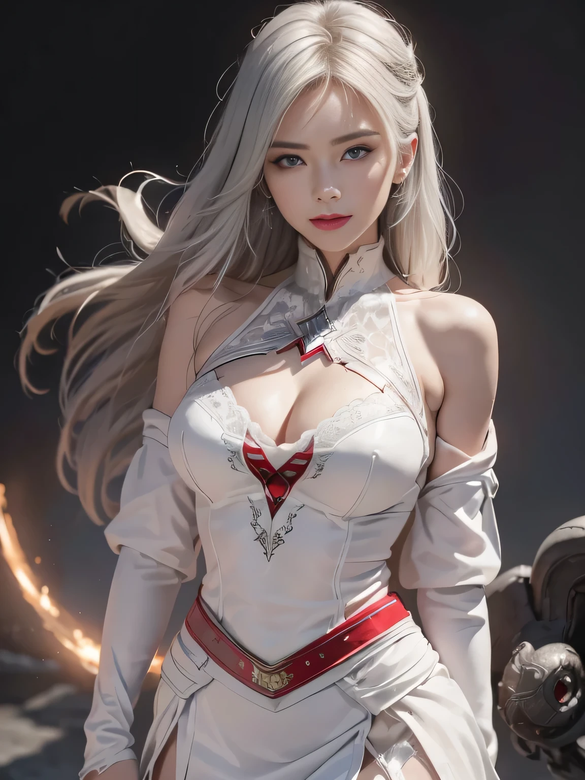 (Extremely detailed CG Unity 8K wallpaper，masterpiece，Highest image quality)，(Delicate light and shadow，This picture is very eye-catching，Lens Effects)，Girl in white warrior costume，Silver gray hair，Ego Superman Parallel Universe，Wenger，Miracle，Mr. Turtle，Dynamic poses)，(Exceptional detail，Outstanding lighting effects，Wide angle)，(Excellent rendering，Enough to stand out from the crowd)，The focus is on the white Superman lace skirt，Complex texture,Various postures