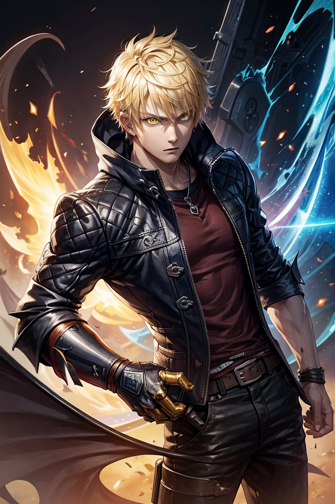 1boy,soft face,confident,young adult, simple clothes,wearing a black jacket, blue energy, ice, blizzard, (yellow color eyes), ((blonde hair)),short messy unkept hair, demon arm, devil trigger style arm, scaled arm, monster arm highest quality digital art, Stunning art, wallpaper 4k, highly detailed,BREAK, (anime style), epic, anime style, battlefield scenario, (digital art), masterpiece, 4K