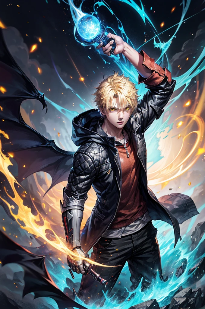 1boy,soft face,confident,young adult, simple clothes,wearing a black jacket, blue energy, ice, blizzard, (yellow color eyes), ((blonde hair)),short messy unkept hair, demon arm, devil trigger style arm, scaled arm, monster arm highest quality digital art, Stunning art, wallpaper 4k, highly detailed,BREAK, (anime style), epic, anime style, battlefield scenario, (digital art), masterpiece, 4K