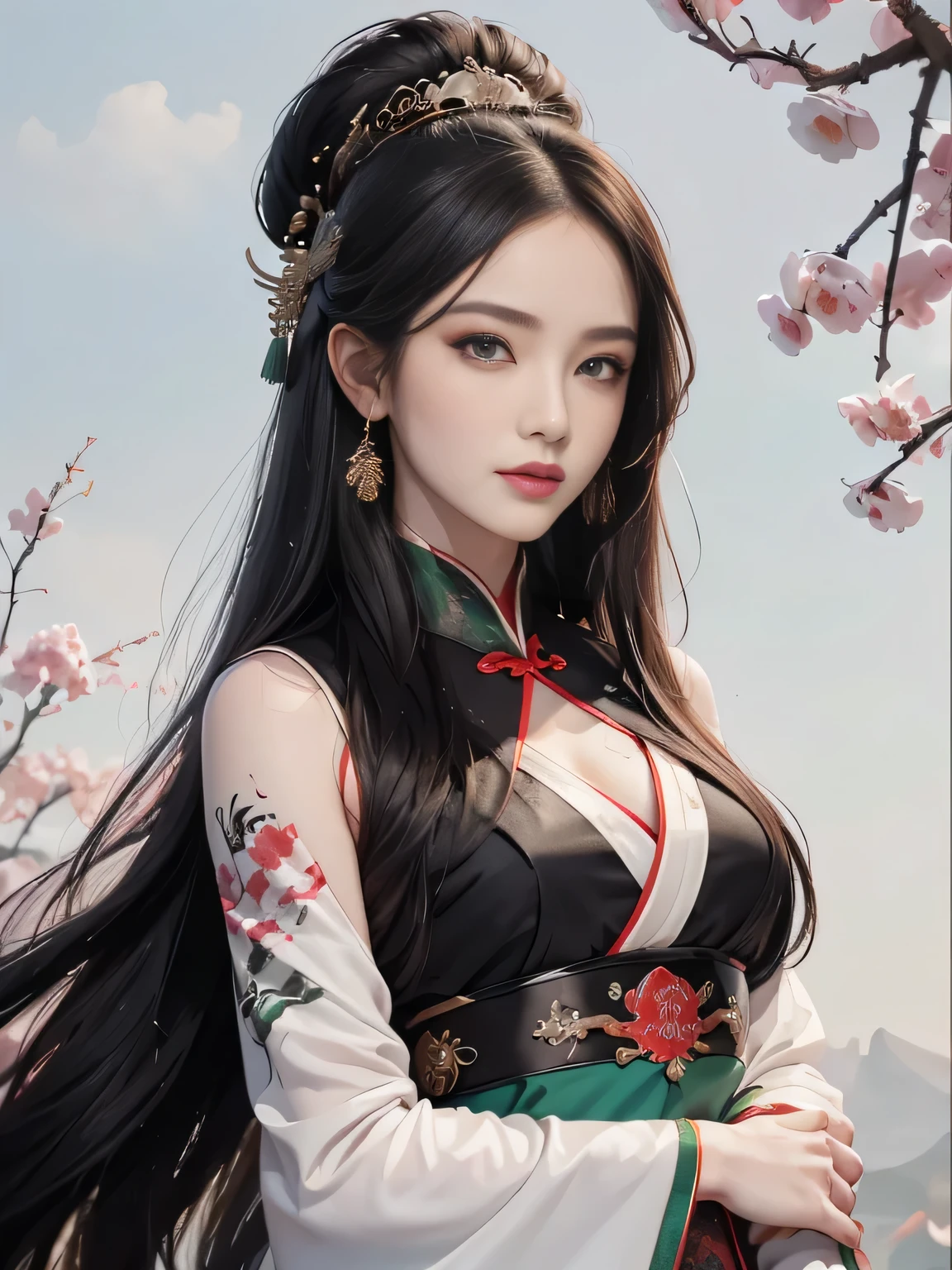 1 girl, Actress, Handsome, Ink splash, Chinese armor, (Upper Body), Black Hair, Flowing hair, Exquisite eyes, Black and green ancient silk Hanfu, Field of view, (F1.8), (masterpiece), (Portraits), front Photo, White background, (poster), arms