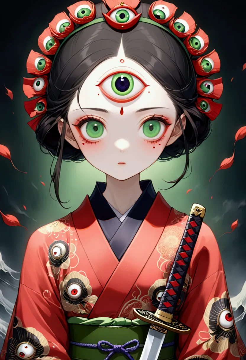 japanese anime，second dimension，horror style，horror character，(((three-eyed boy，third eye on the forehead:1.1))),(((gorgeous jap...