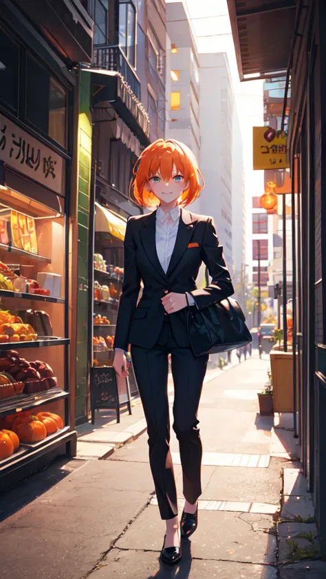 sexy, white skin, anime woman, happy, glowing green eyes, extremely short glowing orange hair, wearing a suit, full body