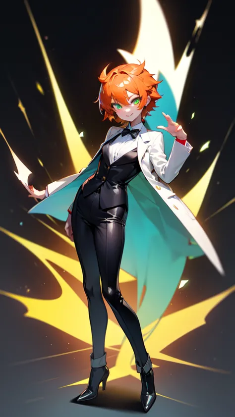 sexy, white skin, anime woman, happy, glowing green eyes, extremely short glowing orange hair, wearing a suit, full body