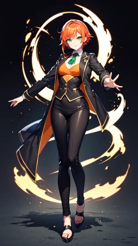 sexy, white skin, anime woman, happy, glowing green eyes, extremely short glowing orange hair, wearing a suit, full body