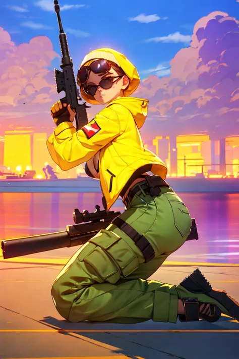 arafed woman in yellow jacket and sunglasses kneeling on a dock with a gun, with rifle, holding rifle, badass pose, with pistol,...