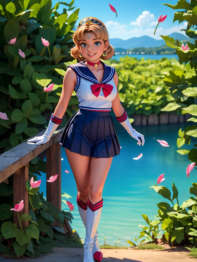 (8k, RAW photo, best quality, masterpiece:1.2), (ultra highres:1.0), detailed illustration, detailed, (realistic, photo-realistic:1.37), detailed beautiful skin, sailor moon, (1 girl: 1.2),(full body:1.2),(hand of Guido Daniele:1.2), slim body, cute, happy, long hair, long leg, cleavage,blue skirt,red bow,blue eyes,blond hair,twin tails,hair bun,hair ornament,blue sailor collar, red choker, red boots, high heels, sailor senshi uniform, white gloves,tiara,elbow gloves,pleated skirt,knee boots blue sky, beautiful sky, (scenery), lake, falling petals, falling leaves, cowboy shot, SAILOR MOON costume.