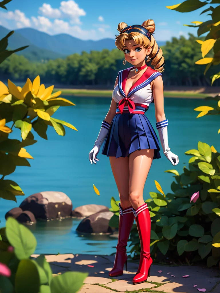 (8k, RAW photo, best quality, masterpiece:1.2), (ultra highres:1.0), detailed illustration, detailed, (realistic, photo-realistic:1.37), detailed beautiful skin, sailor moon, (1 girl: 1.2),(full body:1.2),(hand of Guido Daniele:1.2), slim body, cute, happy, long hair, long leg, cleavage,blue skirt,red bow,blue eyes,blond hair,twin tails,hair bun,hair ornament,blue sailor collar, red choker, red boots, high heels, sailor senshi uniform, white gloves,tiara,elbow gloves,pleated skirt,knee boots blue sky, beautiful sky, (scenery), lake, falling petals, falling leaves, cowboy shot, SAILOR MOON costume.