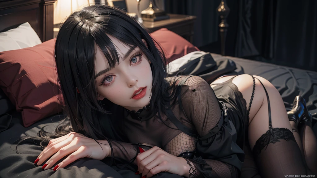 (best quality,highres),(realistic:1.37),dark,goth,woman, eyes,detailed face,black clothes,bobcut black hair,straight bangs,pale skin,red lipstick,intense expression,mysterious atmosphere,gothic background,dim lighting,night,vivid colors, fishnets, topless, fullbody, on her hands and knees, submissive girl, thick thigs, imminent deepthroat, cumshot pose,