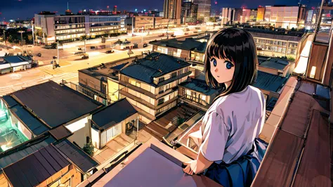 night view like a photo　from the rooftop　young girl　black hair　ヘッドホン