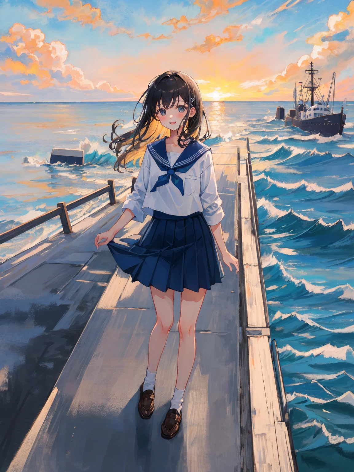 ((最high quality, 8k, masterpiece: 1.3, Ultra HD, high quality, 最high quality, High resolution, realism)) 、Very beautiful 18 year old Japanese 、I'm wearing a sailor suit、Wearing a navy blue pleated skirt、Wear loafers、Hair color is light brown、black eye、Medium Hair、Straight hair、smile、sit on a high breakwater on the beach、The blue sky is beautiful、There is a road in front of the breakwater...、The sea is beautiful、Beautiful horizon、 An island can be seen offshore、Entering the clouds above the horizon、Island Lighthouse