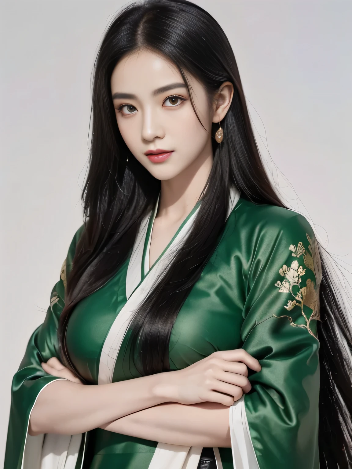 1 girl, Actress, Handsome, Ink splash, Chinese armor, (Upper Body), Black Hair, Flowing hair, Exquisite eyes, Black and green ancient silk Hanfu, Field of view, (F1.8), (masterpiece), (Portraits), front Photo, White background, (poster), arms