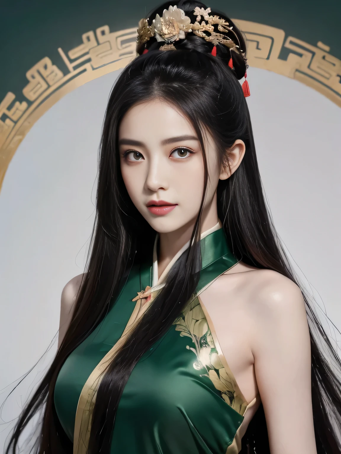 1 girl, Actress, Handsome, Ink splash, Chinese armor, (Upper Body), Black Hair, Flowing hair, Exquisite eyes, Black and green ancient silk Hanfu, Field of view, (F1.8), (masterpiece), (Portraits), front Photo, White background, (poster), arms