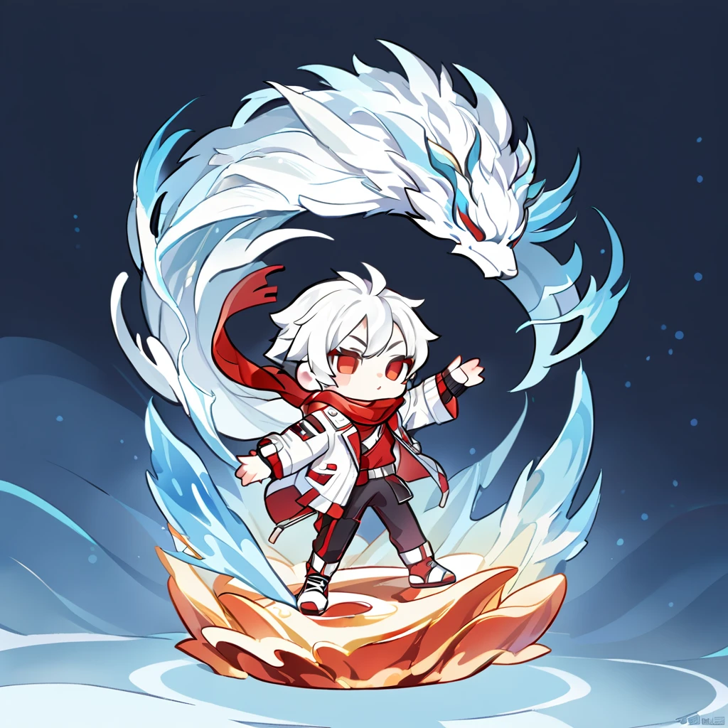 1 chibi character guy white hair, wearing red scraf and shirt with white jacket , cool pose, cool guy