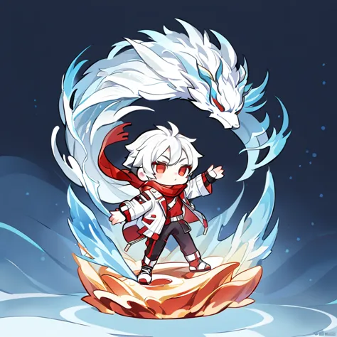 1 chibi character guy white hair, wearing red scraf and shirt with white jacket , cool pose, cool guy